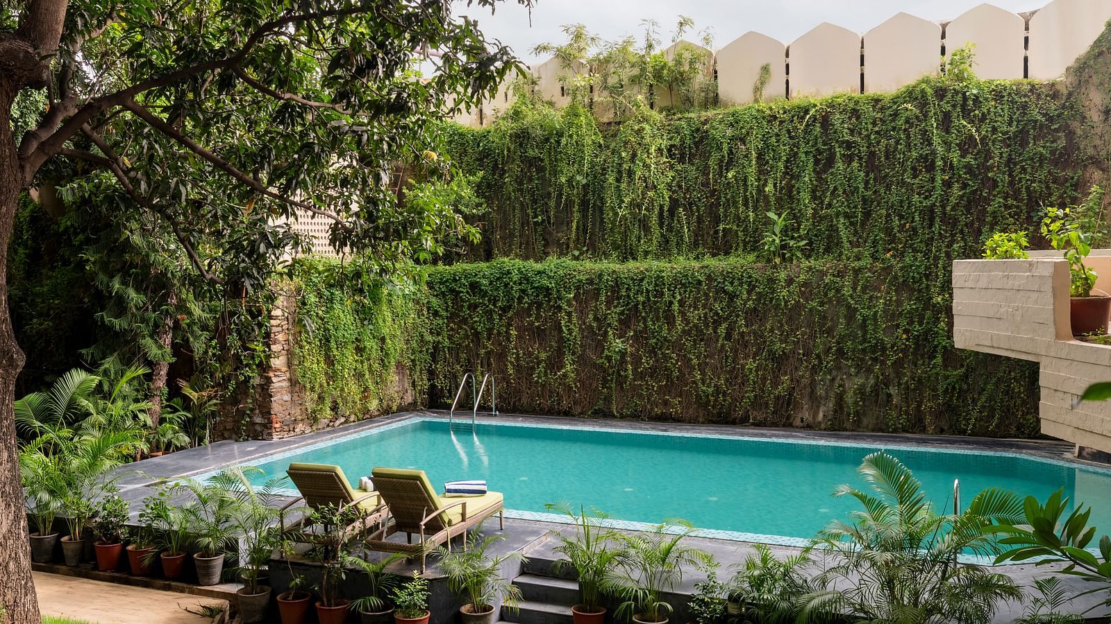 Shot of the swimming pool at the hotel in the morning - Hotel Rajdarshan, Udaipur.