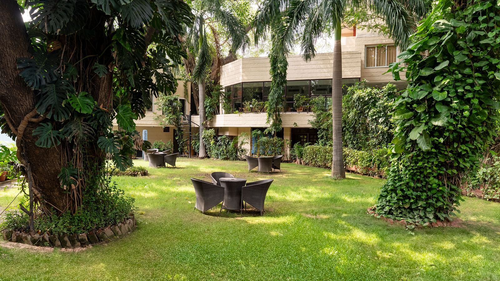 the lawn at our hotel with trees around and a small seating arrangement - Hotel Rajdarshan, Udaipur.