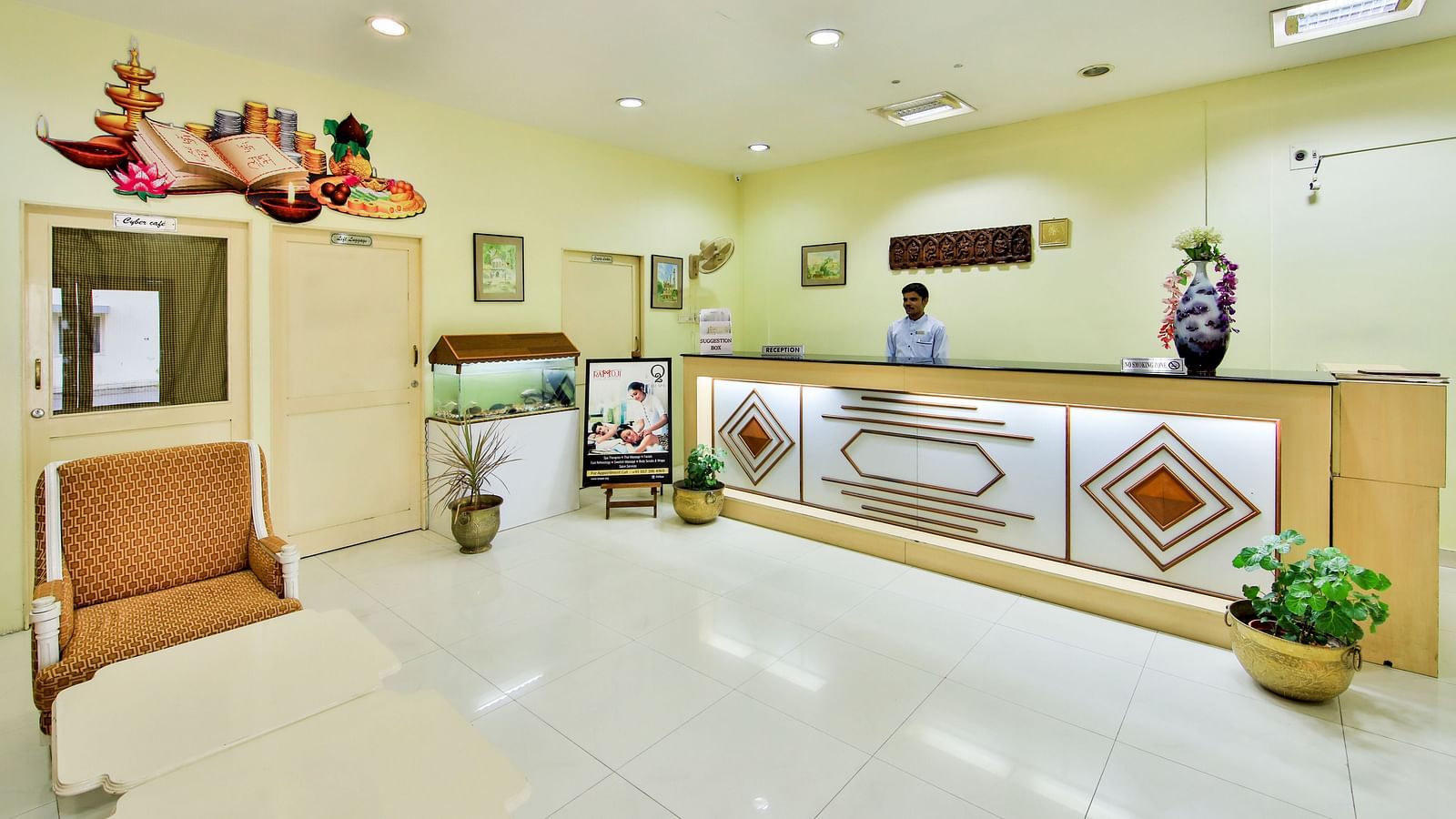 Well-lit lobby area of Hotel Shantiniketan in Hyderabad near Ramoji Film City.