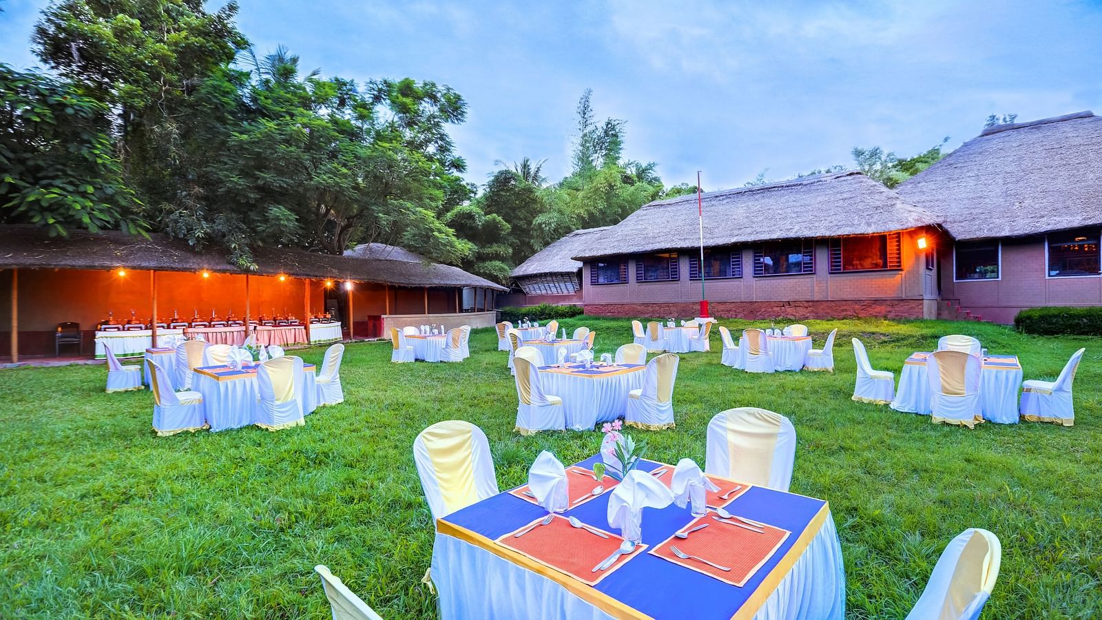 exterior of the garden restaurant at hoysala village resort, hassan