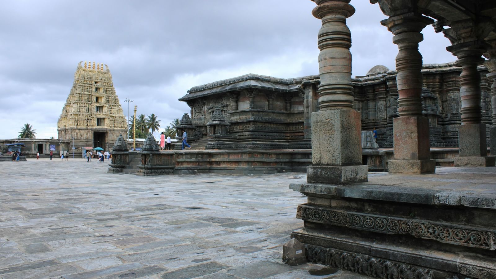 An overview of Hoysaleswara temple in Belur with another temple in the distance.