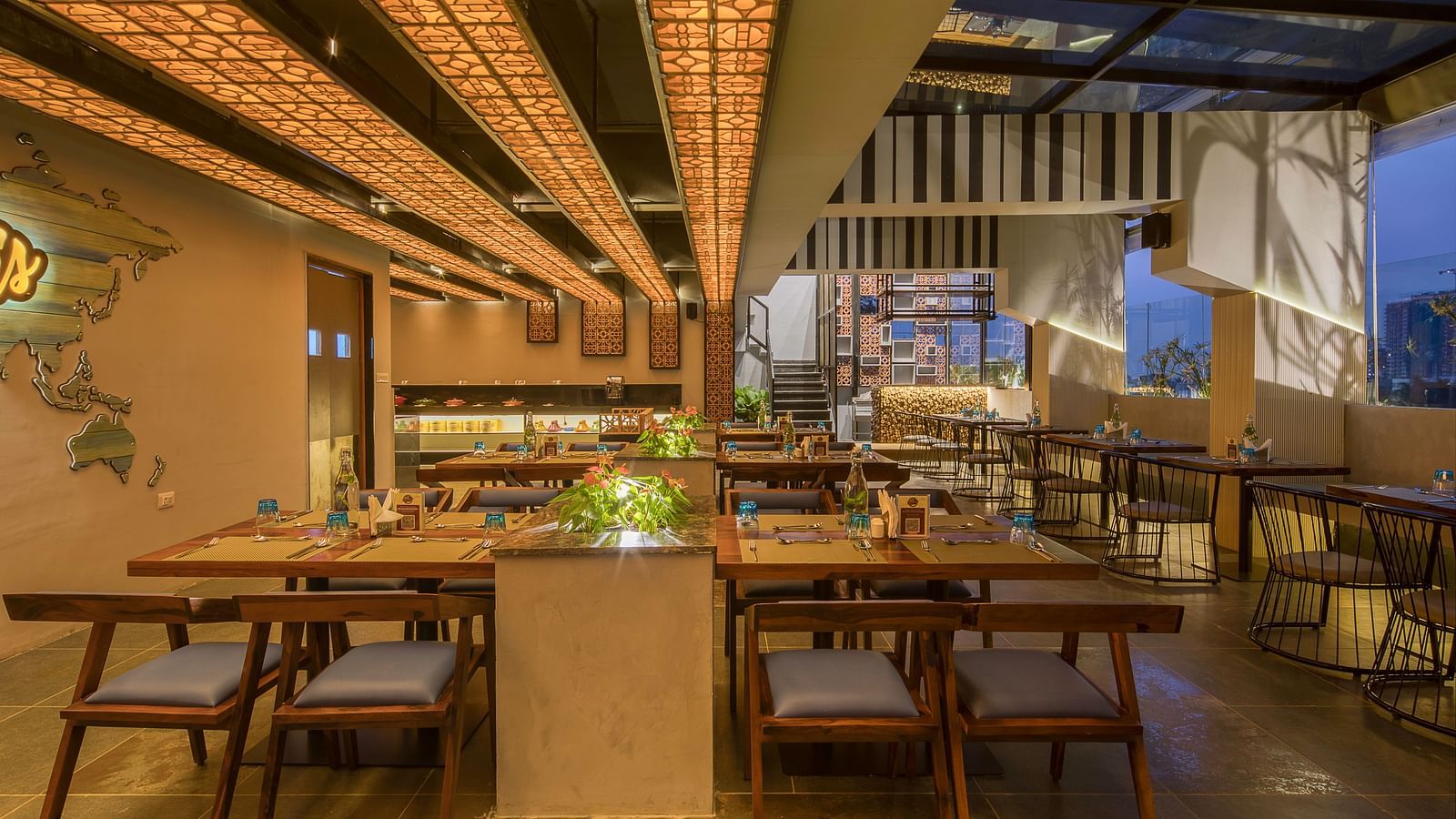 Interior seating at Roastopolis Restaurant at Le Foliage by TGI, Bangalore 