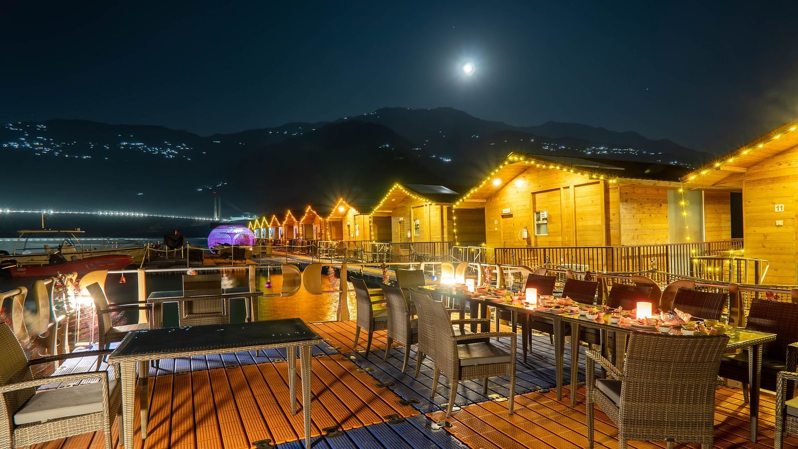 ariel and front view of the floating huts at Le ROI Floating Huts Eco Rooms captured during the day and at night5
