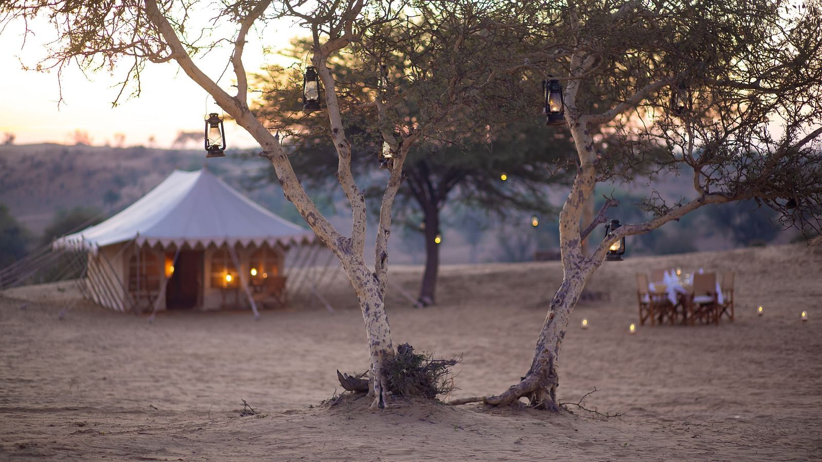 Manvar private camp with lush green trees and a well lit hut - at Manvar Resort & Desert Camp 