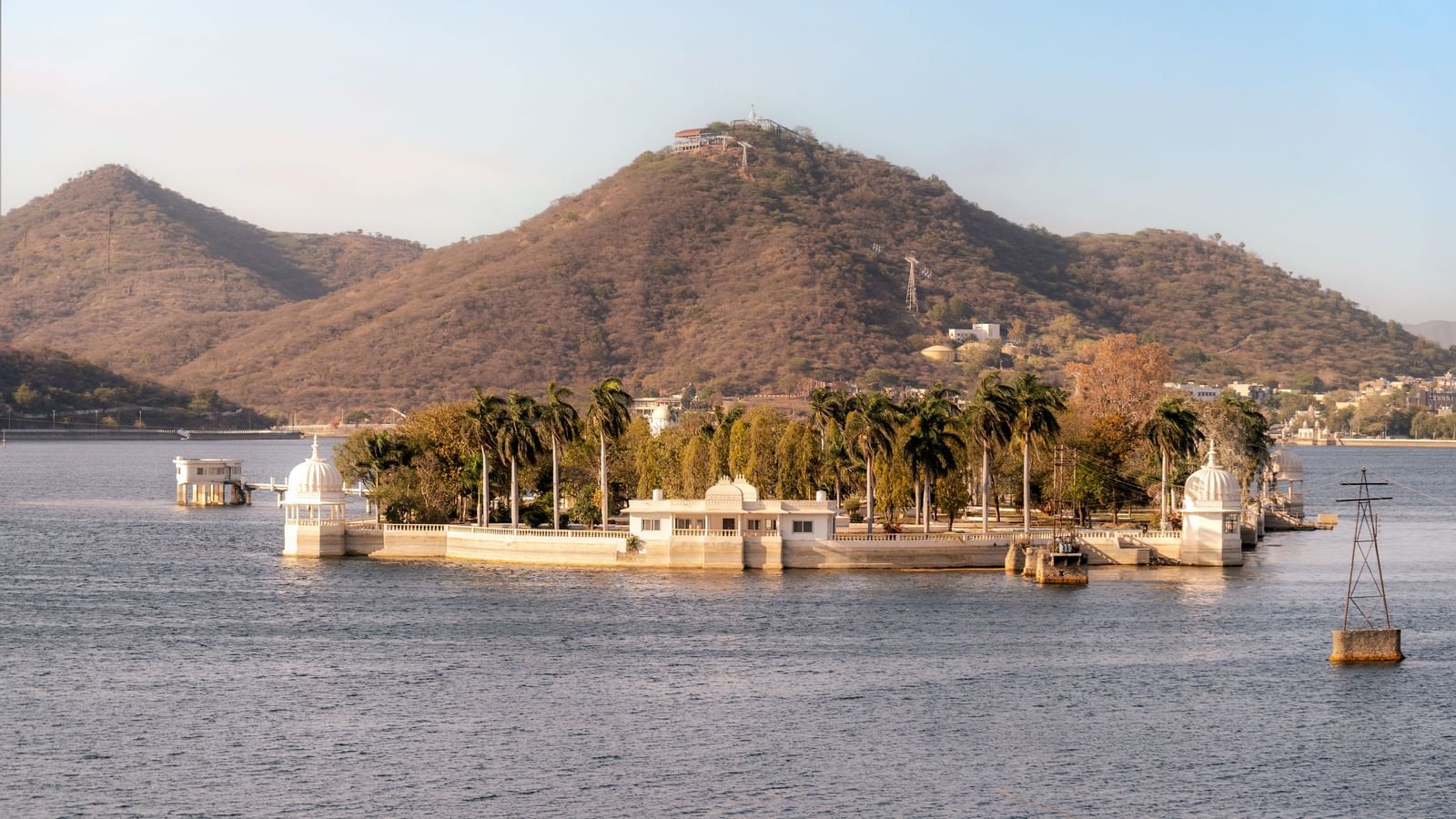 Breathtaking view of Jag Mandir Island and the Aravalli hills as seen from Panna Vilas Palace’s terrace.