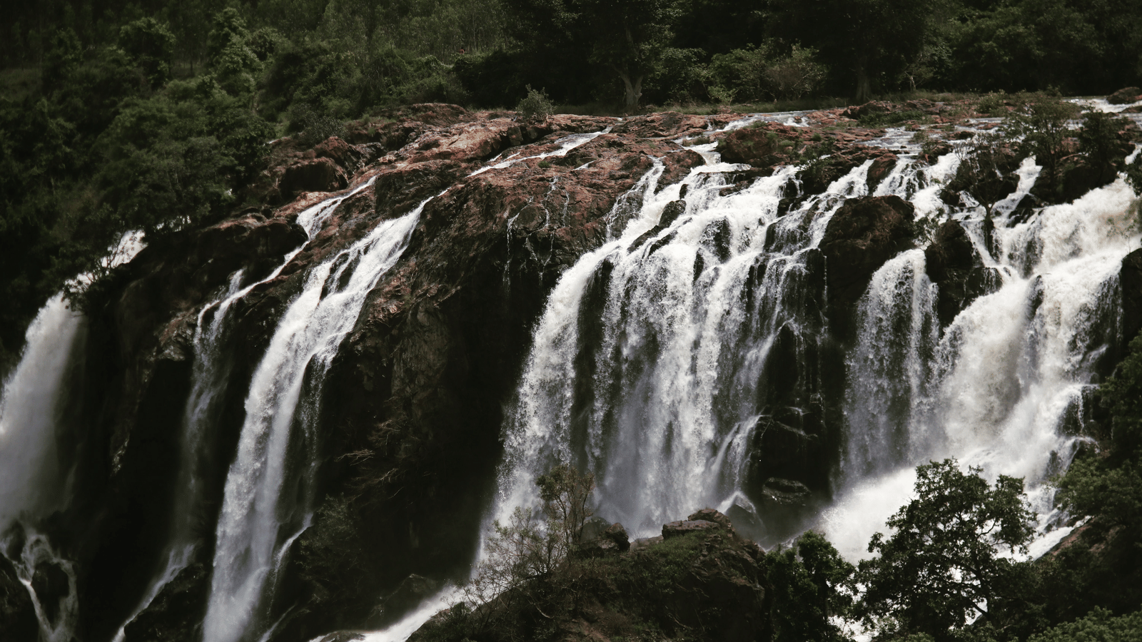 A close of of the top of a waterfall.