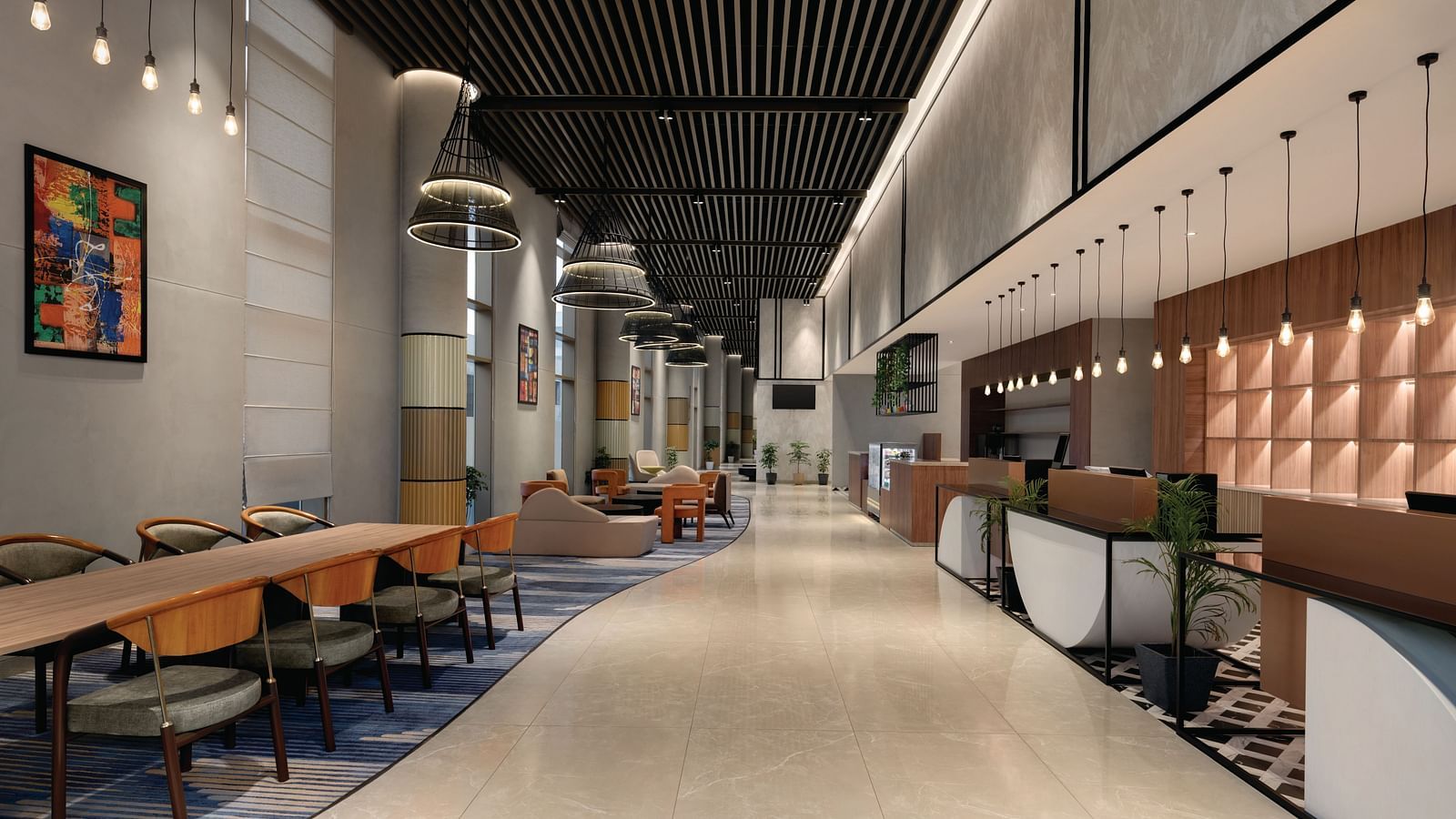 Ramada Encore by Wyndham, Bhiwadi | Long hallway with seating, art on the wall, and industrial design elements.