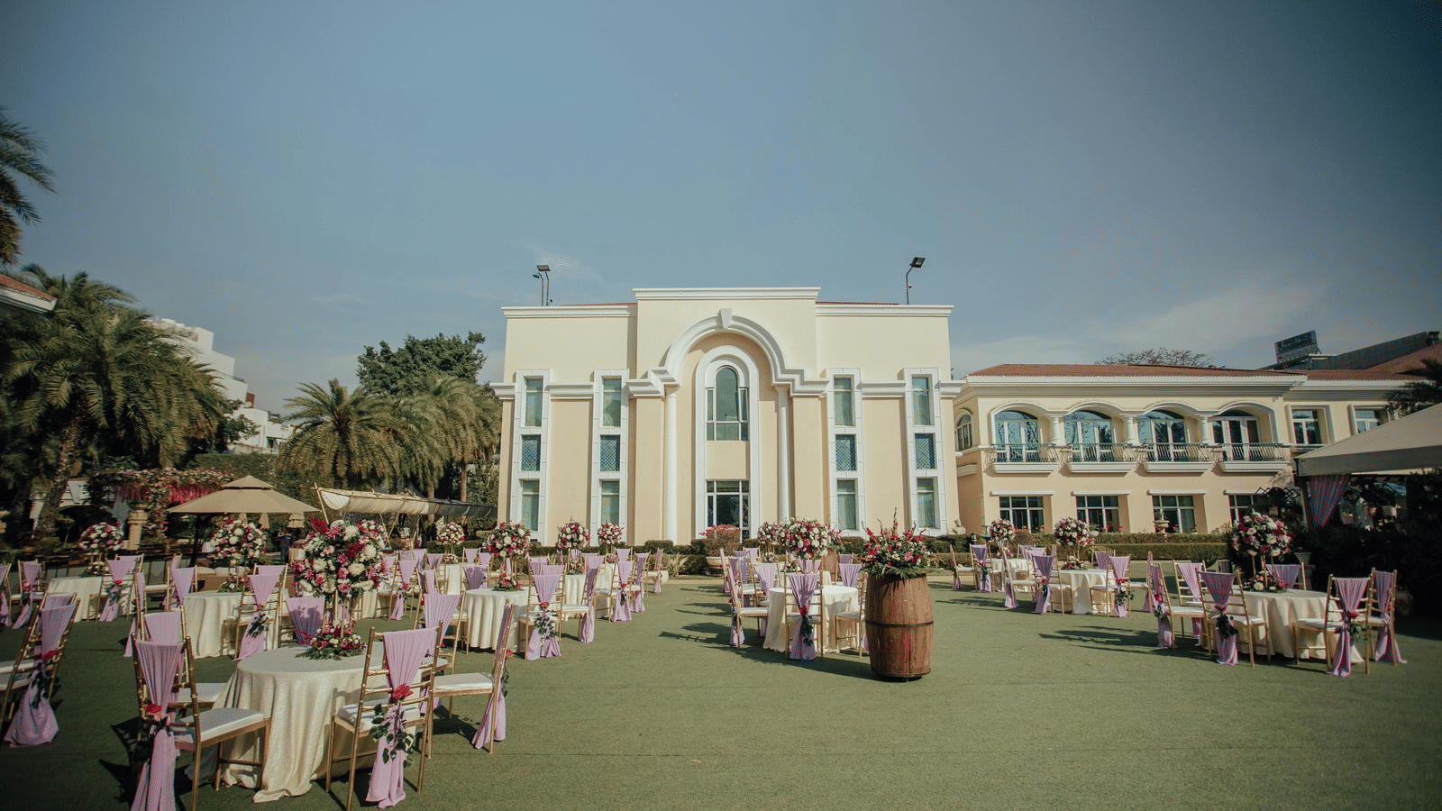Elegant outdoor wedding venue with decorated tables | Destination wedding near Chandigarh