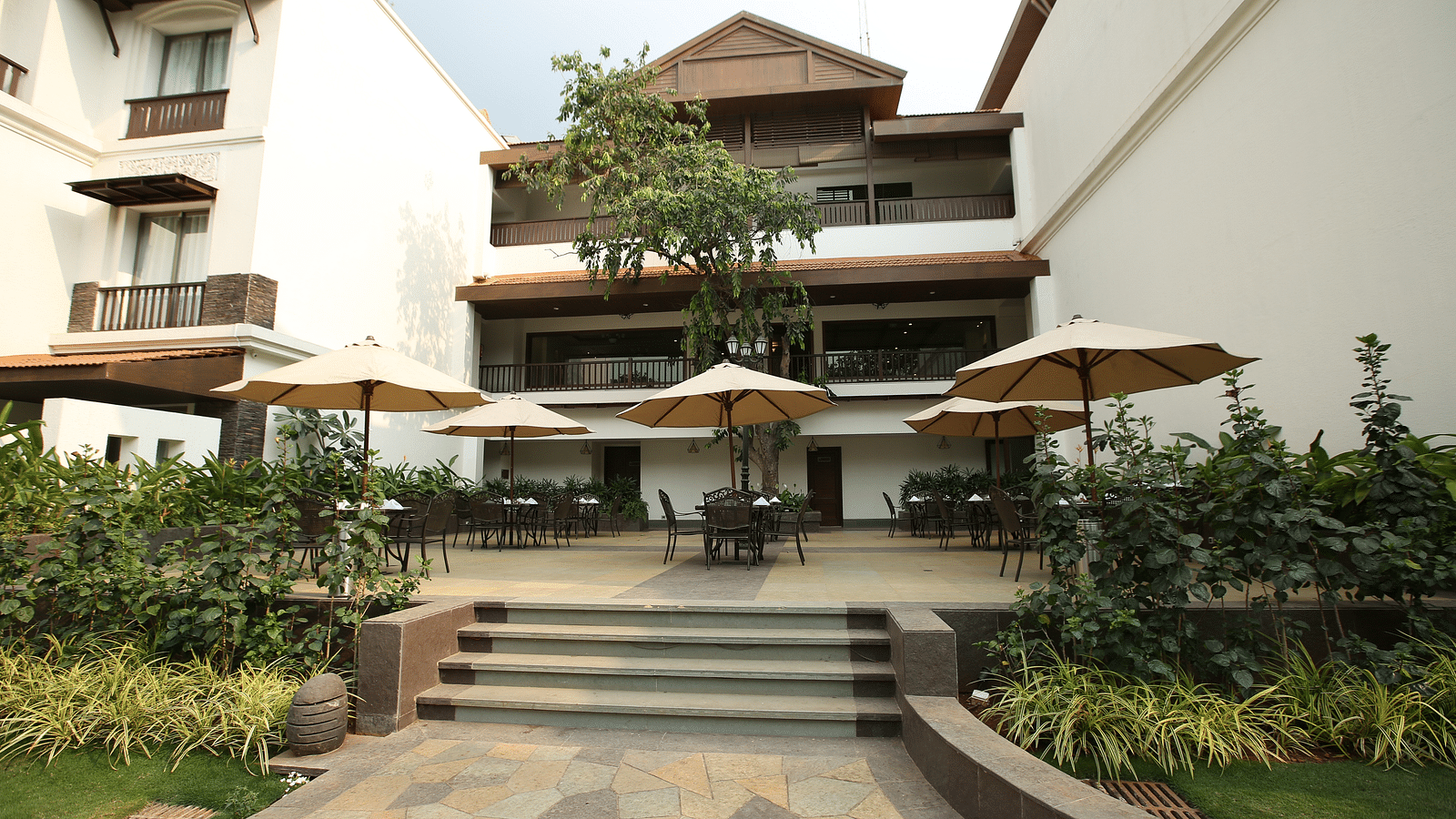 A far out view of the al-fresco dining area at our hotel in Lonavala - Rhythm Lonavala.