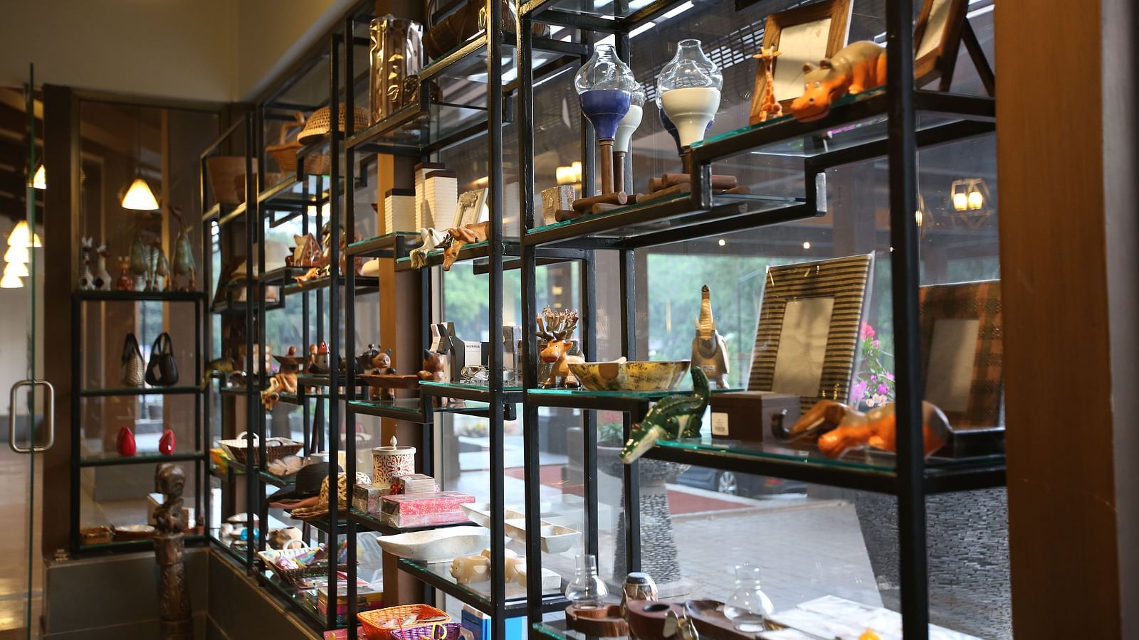 Store with artefacts on window display inside the shop