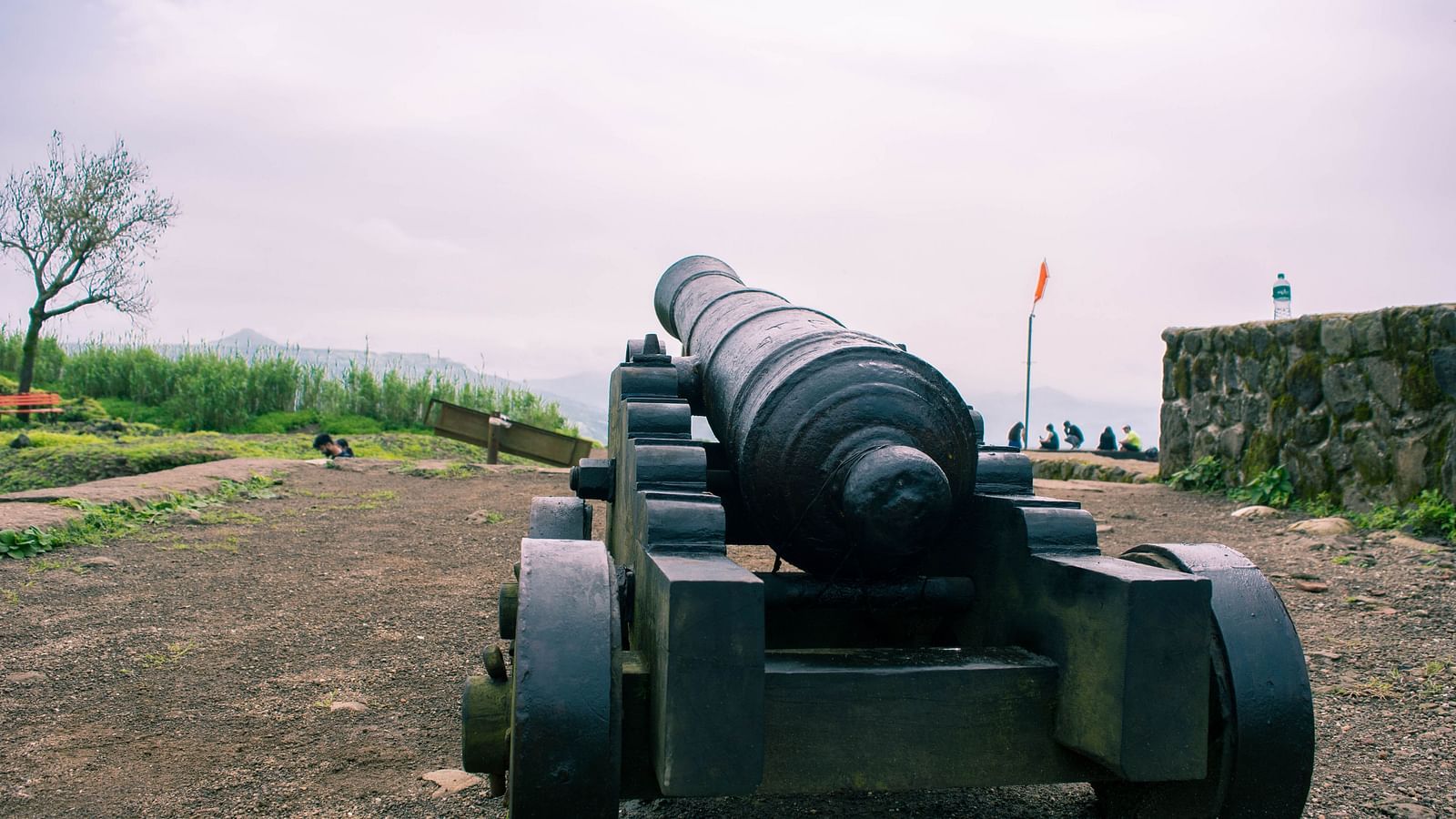 An old cannon plcaed on a rocky platform with trees and grass in the background