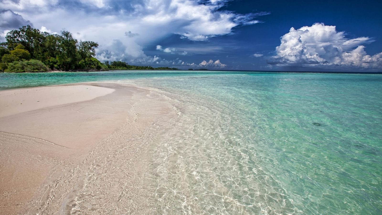 A close up shot of a beach with crystal clear calm waters reaching the shoreline.