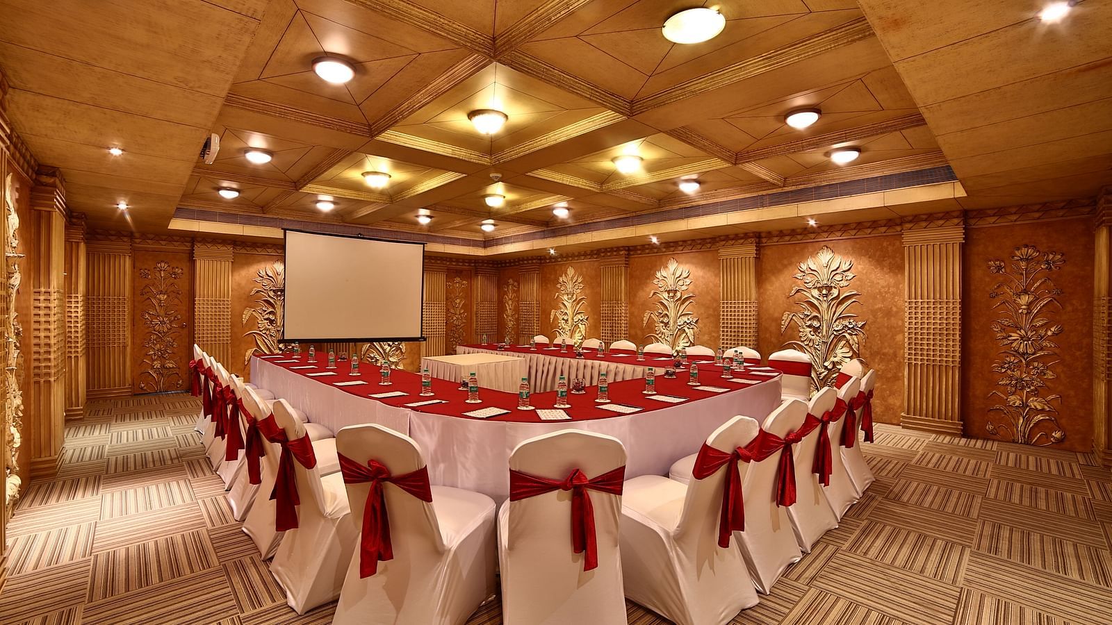 Seating arrangement in Sangam Hall at Sitara Luxury Hotel in Hyderabad near Ramoji Film City.