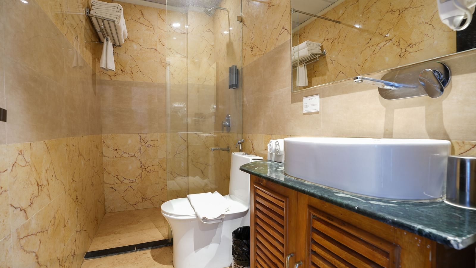 The spacious bathroom in the Deluxe Room includes a large washbasin with a mirror and a glass partition separating the shower area1