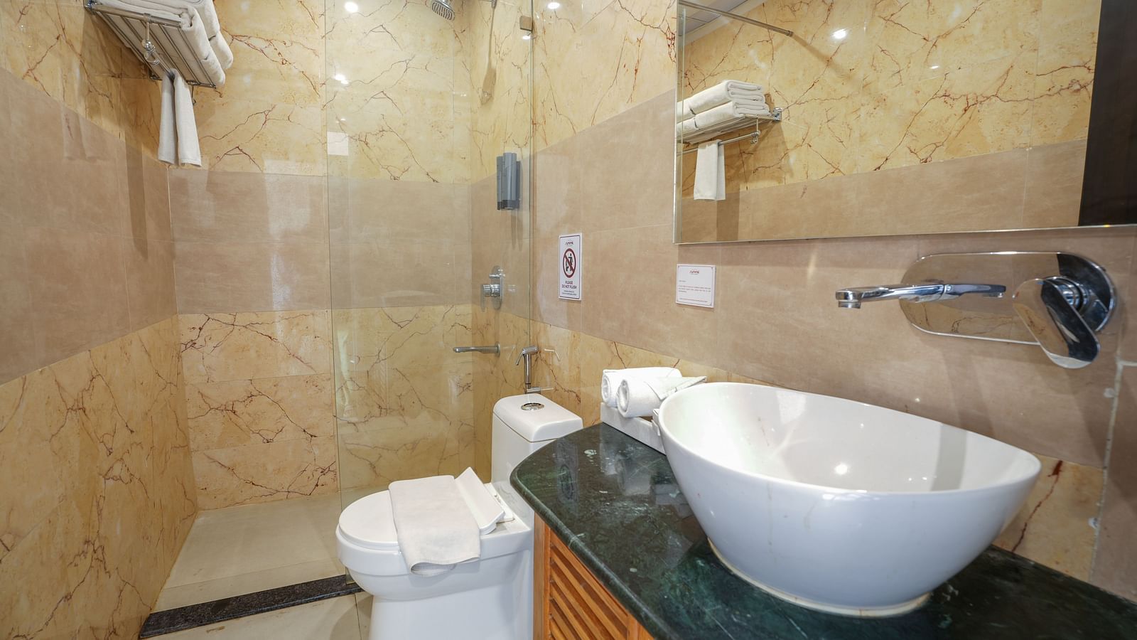 The spacious bathroom in the Deluxe Room includes a large washbasin with a mirror and a glass partition separating the shower area2