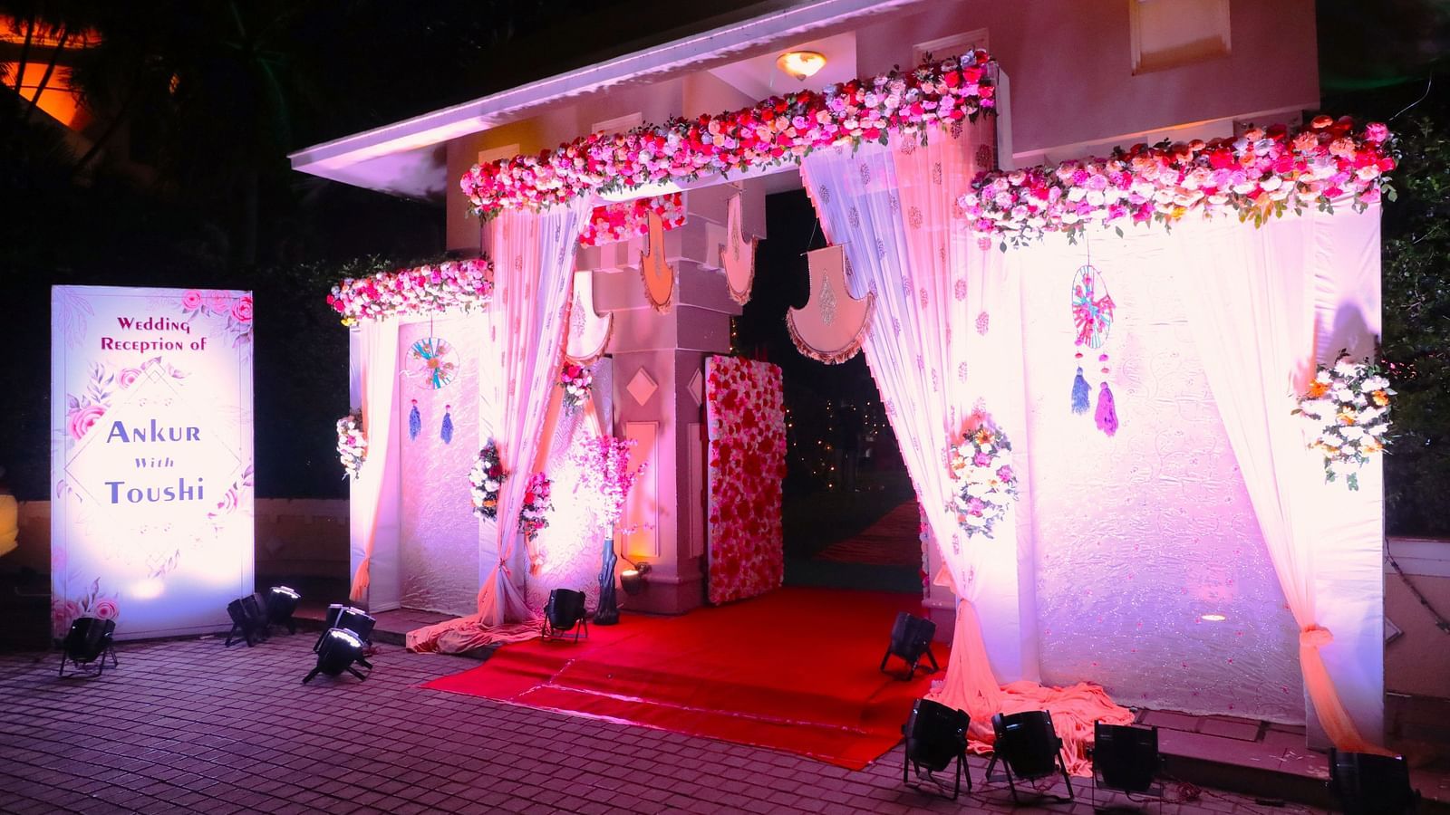 Well-lit stage with elaborate decorations, designed to enhance any event and create a stunning visual impact.