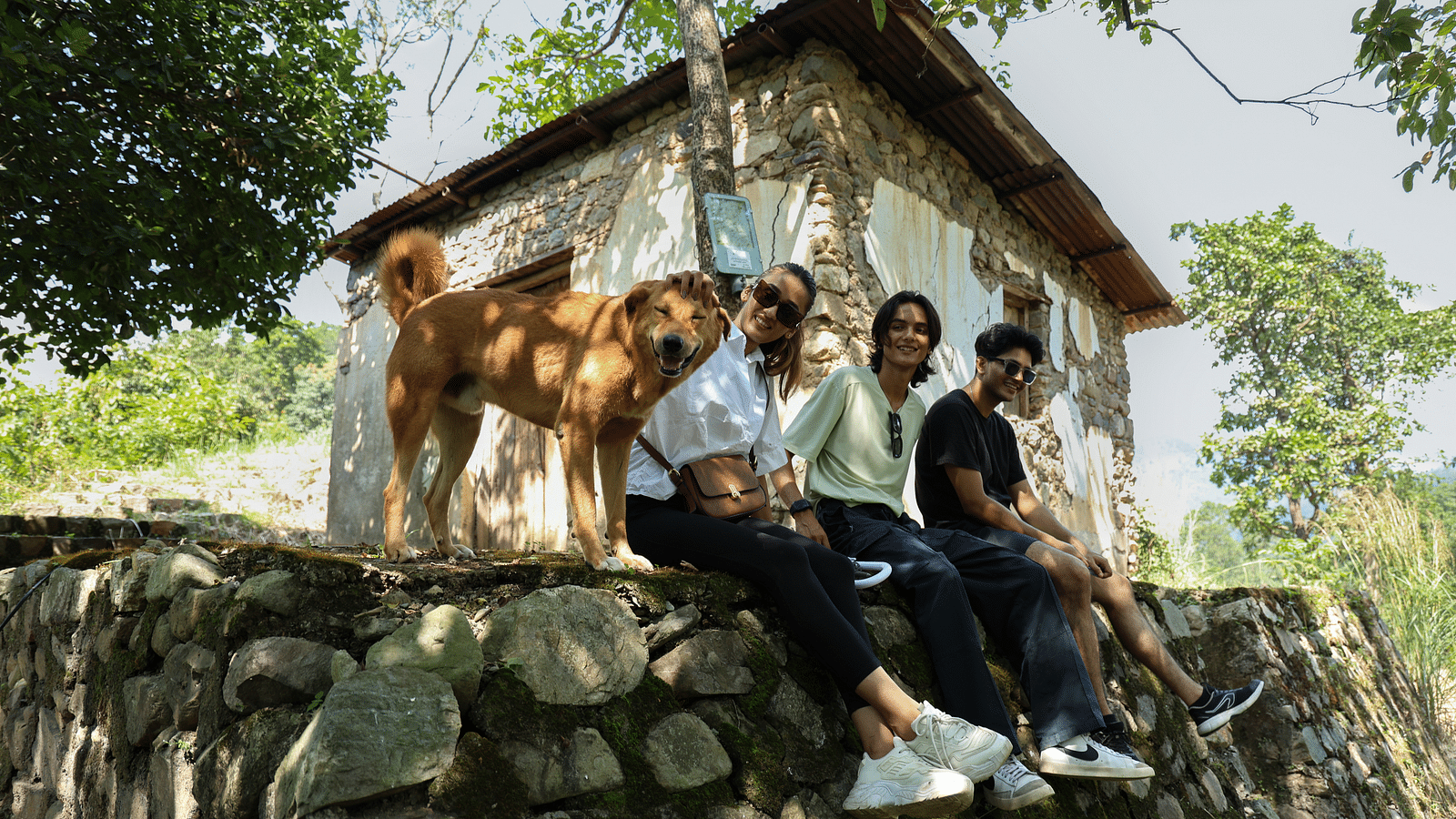 A dog sitting next to three people on a huge rock