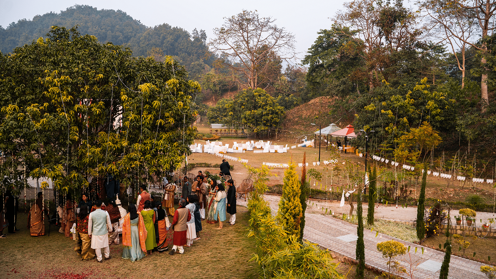 An aerial view of a wedding setup in the lawn at The Sylvan Retreat, Dehradun.