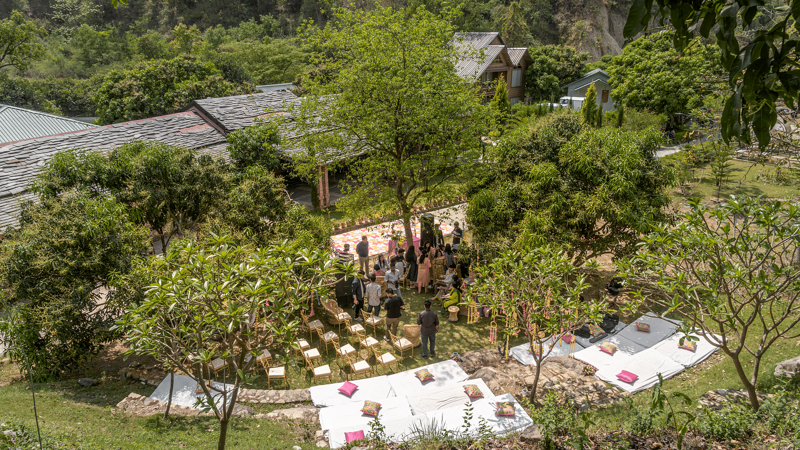 An aerial view of a wedding setup in the lawn at The Sylvan Retreat, Dehradun.