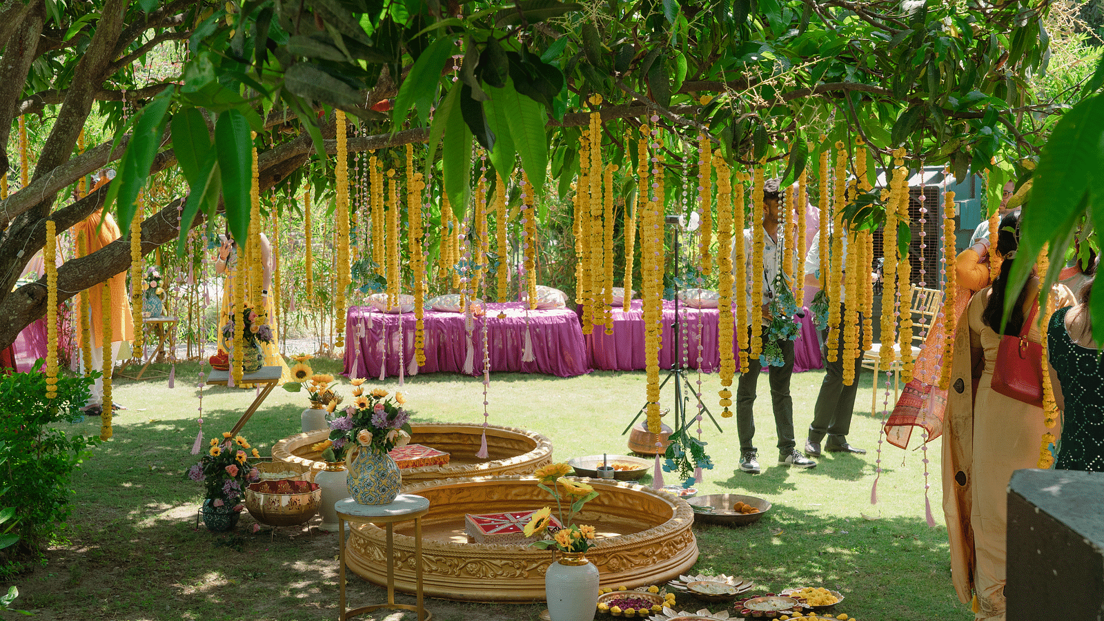 A view of a haldi setup in the lawn at The Sylvan Retreat, Dehradun.