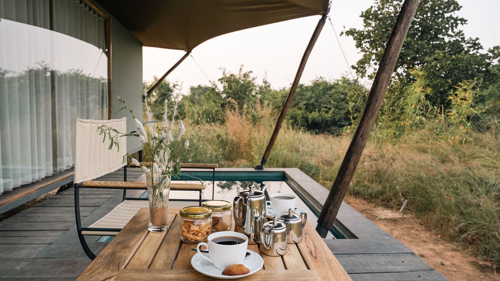 Coffee setup outside tents at Trees N Tigers, Tadoba.