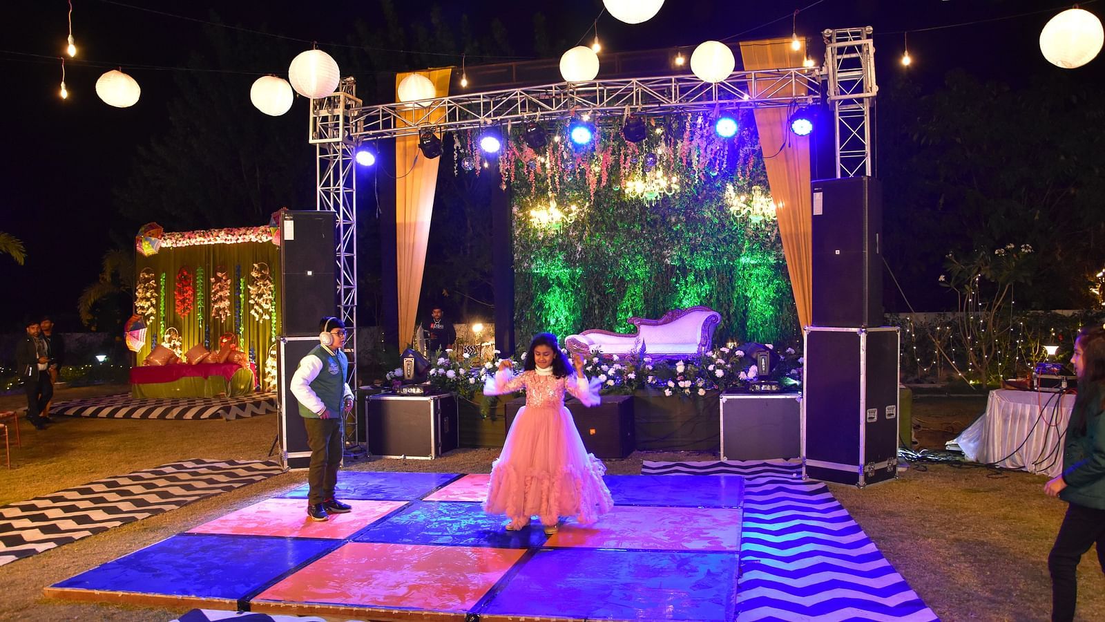 Elegant open-air wedding stage with lighting at Vedikant Resorts The Mallard Corbett.