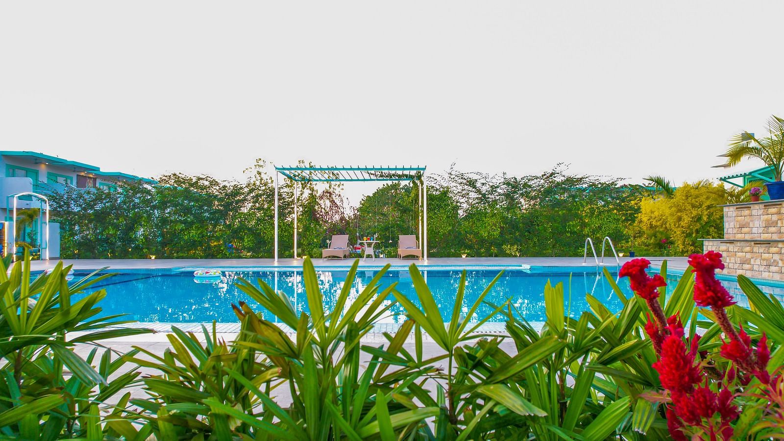 View of a swimming pool with bushes, flowers in the front and trees and clear blue sky in the background - Vedikant Resorts The Mallard Corbett.