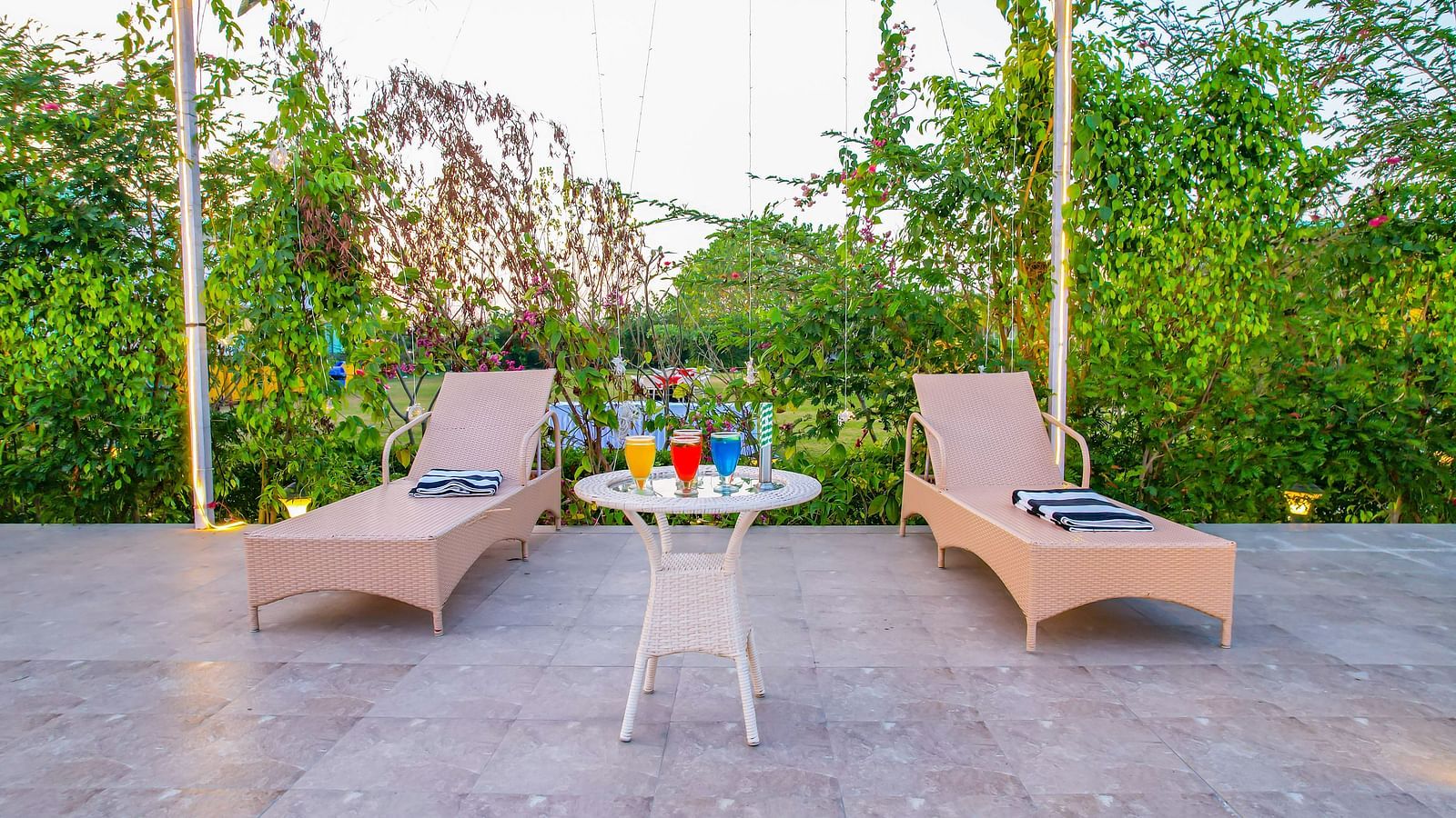 View of two sun loungers and a table placed in between them with drinks on it. Trees and clear blue sky can be seen in the background - Vedikant Resorts The Mallard Corbett.