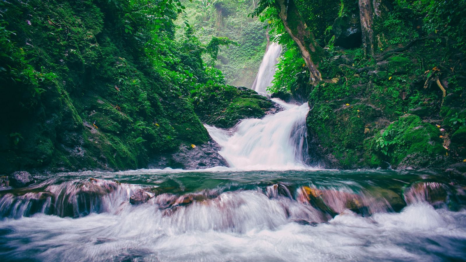 A waterfall cascading down rocky cliffs into a pool below