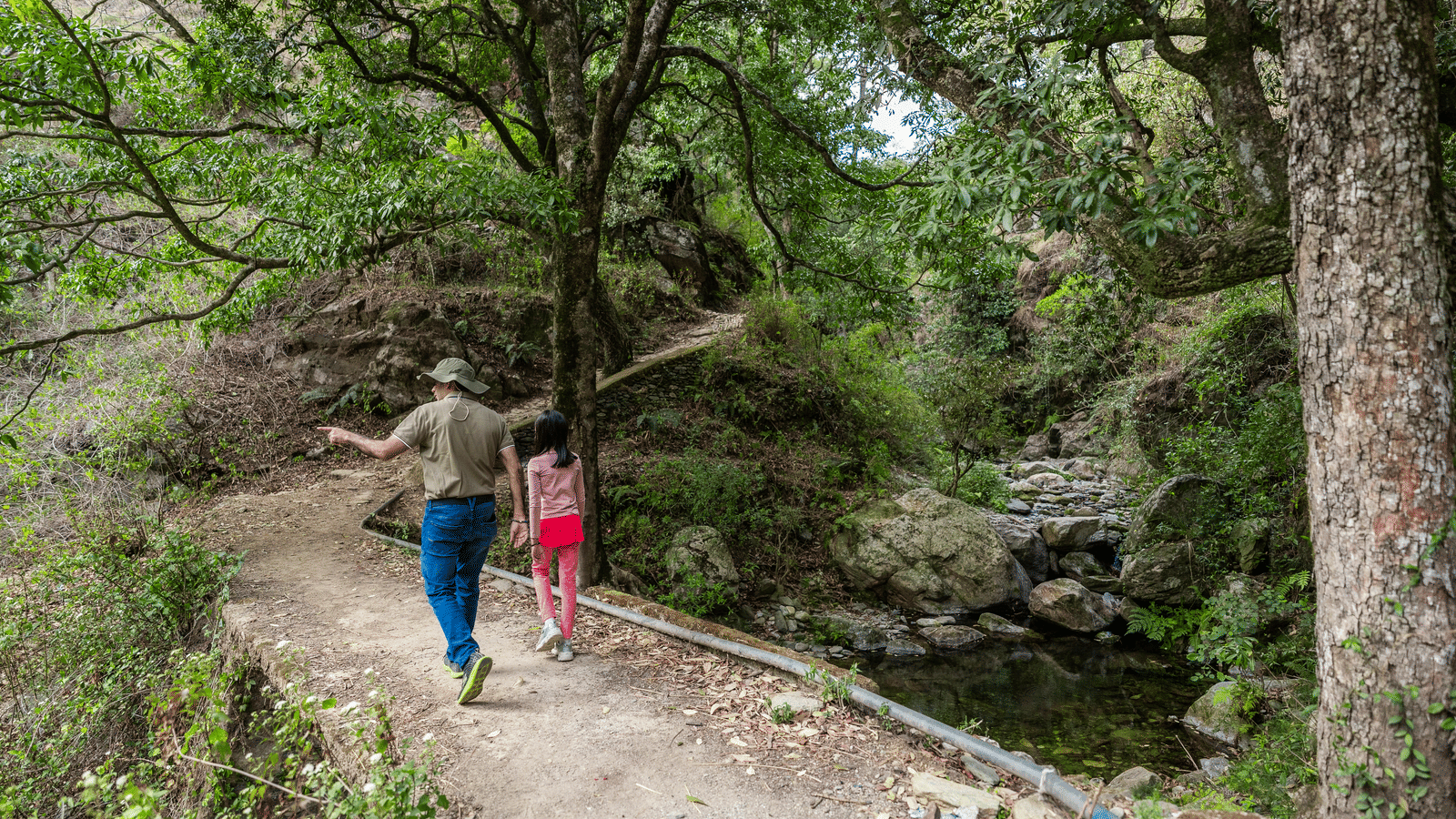 A person and a child walking on a rocky path next to a stream near Ziran Retreat.
