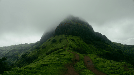 A steep green hill partially concealed by thick fog.
