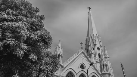 A black and white image showing a large, white church with a tall steeple and intricate architectural details, partially framed by a leafy tree on the left.