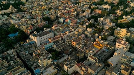 An overview of the city of Chennai with main buildings in view as seen from above.