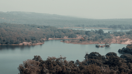 Panoramic view of the lakes and forests of Ranthambore National Park from above.