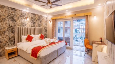 Wide-angle view of a premium bedroom with high-end finishes and stylish ceiling design - Golden Oak By The Lake Hill, Khurpatal