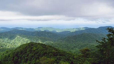Scenic view of a forested mountain range under a cloudy sky.