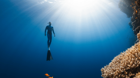 A diver swimming towards the ocean surface in a sunlit underwater scene