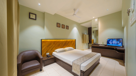 A spacious hotel bedroom featuring a double bed with a headboard, light green walls, a TV, and a leather armchair - Hotel Dolphin Puri
