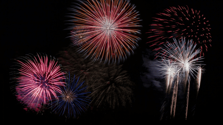 A display of multiple colourful fireworks exploding against a solid black night sky, featuring bursts of red, orange, pink, blue, and white.