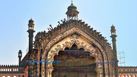 An overview of renovation work being done on Rumi Darwaza.