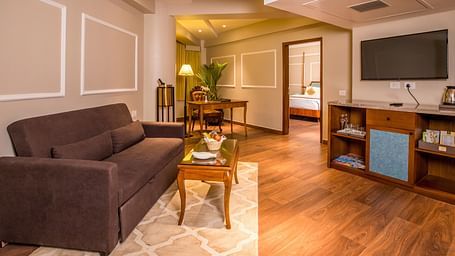 Spacious cushioned sofa with a wall-mounted television facing it on the opposite wall.