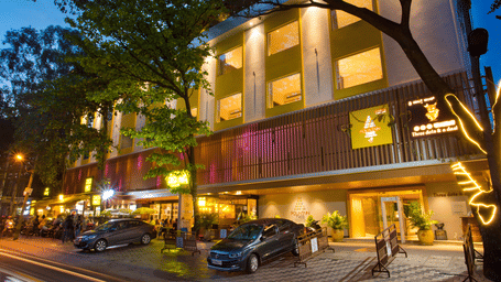 Fountain Tree Bangalore facade during blue hour