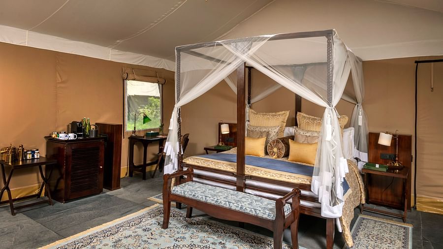 luxury king tents with a large bed on a wooden frame, a cosy sitting couch and amenities - Aalia Jungle Resort & Spa