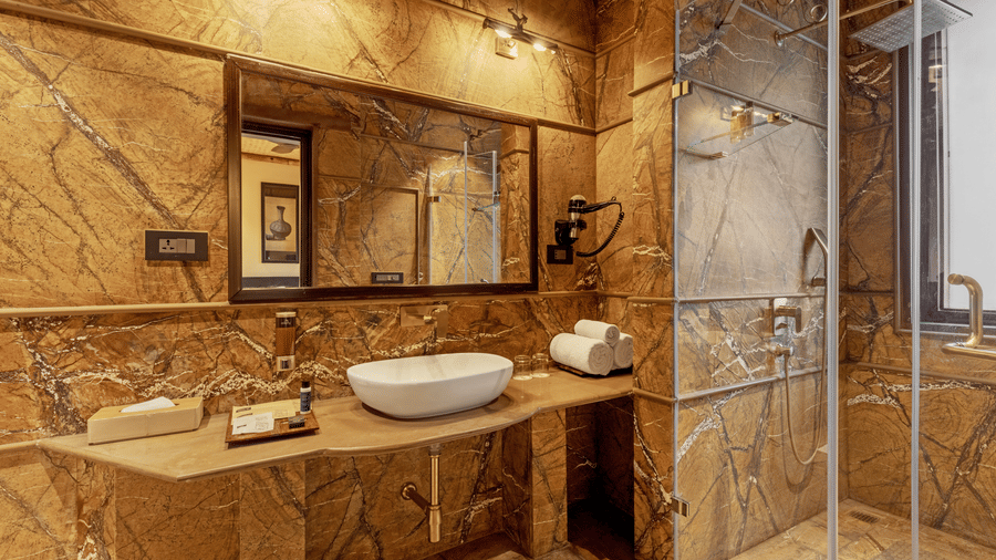 A stylish bathroom vanity with a basin and stone wall at Aamaghati Wildlife Resort.
