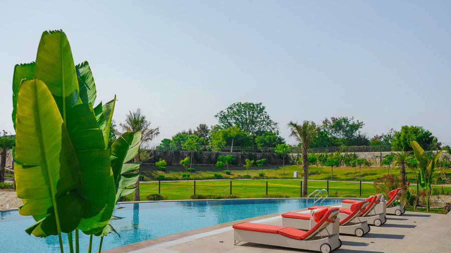 A poolside area with orange sun loungers and lush green plants at Aamaghati Wildlife Resort.