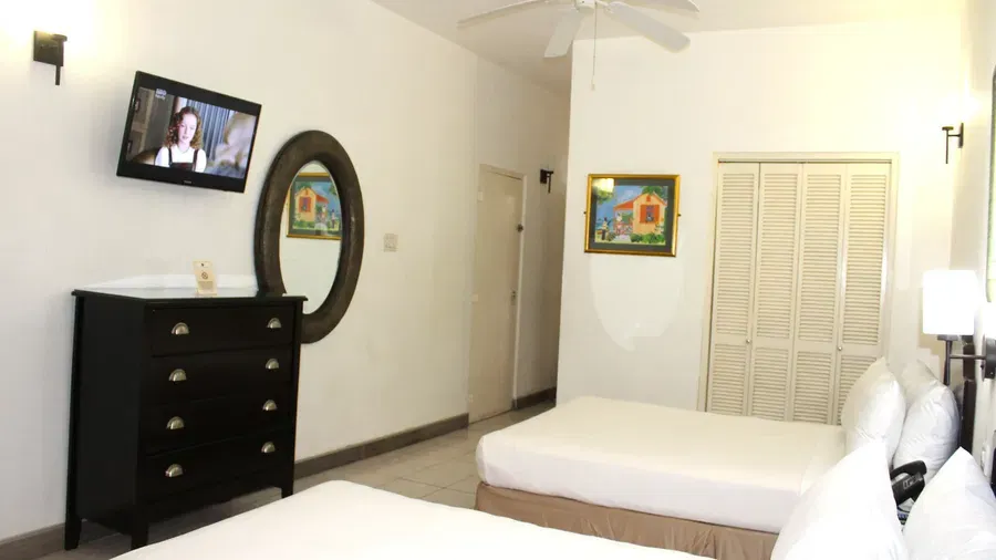 A hotel room contains twin beds, a dresser with a mirror, and a television | Executive Double Room | Altamont Court, Jamaica