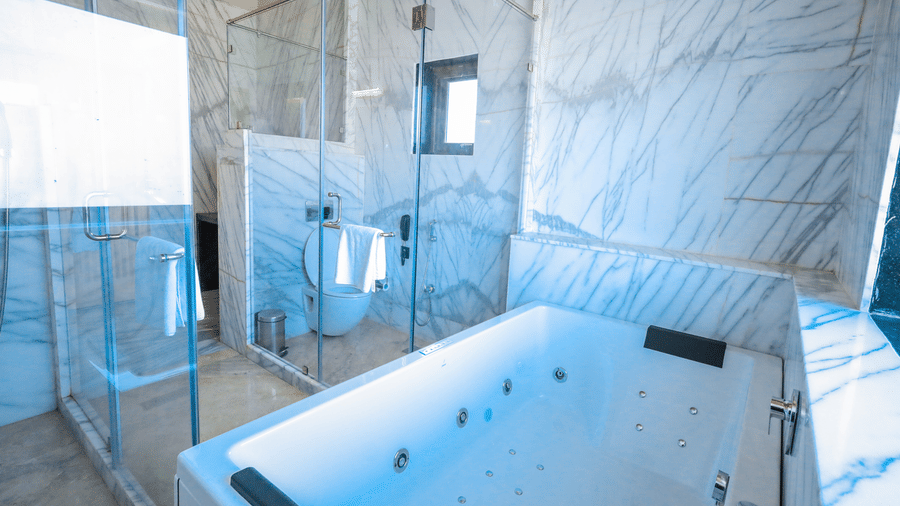 A washroom shows a bathtub with controls, a glass shower enclosure, a window and tiled walls surrounding the fixtures at Ananta Spa & Resort, Jaipur.