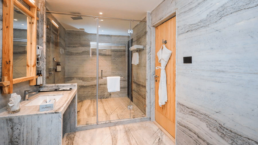 A washroom shows a basin with a mirror, a shower enclosure, a toilet, a robe on a hook and a wooden door at Ananta Spa & Resort, Jaipur.
