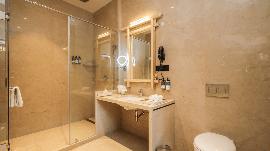 A washroom shows a basin with a mirror, a glass shower enclosure, a toilet and toiletries placed on the counter at Ananta Spa & Resort, Jaipur.