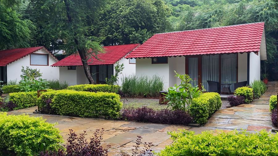 facade image of the Luxury villa with lush green plants around the villas with red terracotta roof at our hotel in udaipur